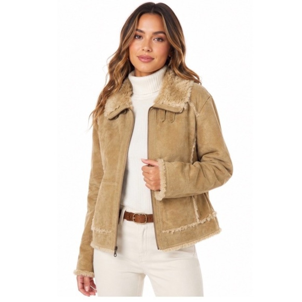 Wilsons Leather Maxima Tan Suede Faux Fur Lined Jacket Large Brown Zip 62-41